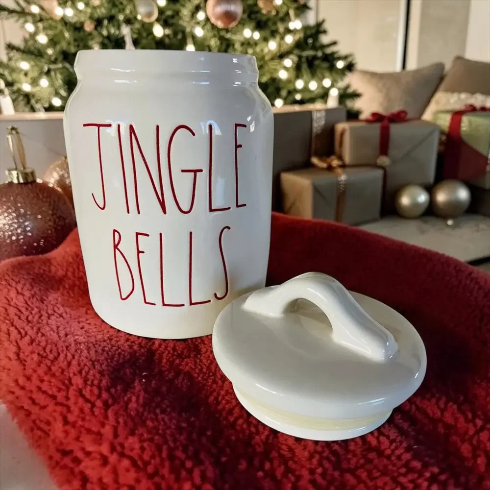 Rae Dunn Ceramic Christmas Jingle Bells Xmas Holiday White & Red Treat Snack Jar